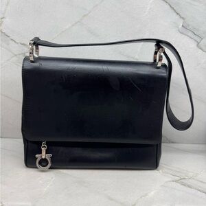 Salvatore Ferragamo Gancini Shoulder Bag in Black Calf Leather